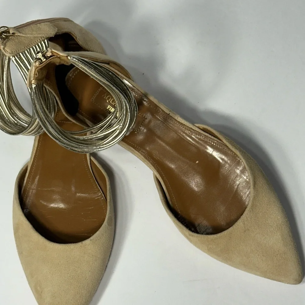 Elegant Beige Ankle Strap Flats ACUAZZURA 7.5 size pre owned good conditions